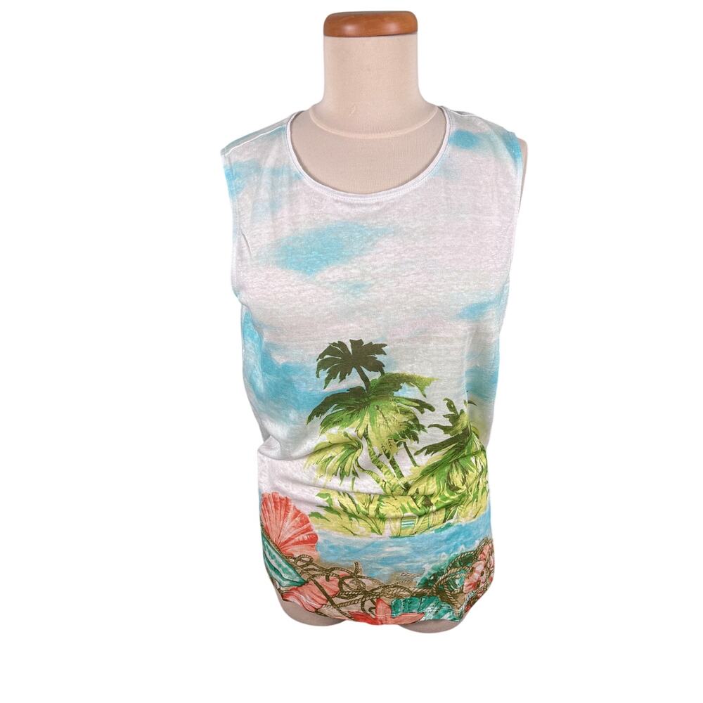 J. Jill Tropical Palm Print Sleeveless Top - White, Green, Blue, Coral